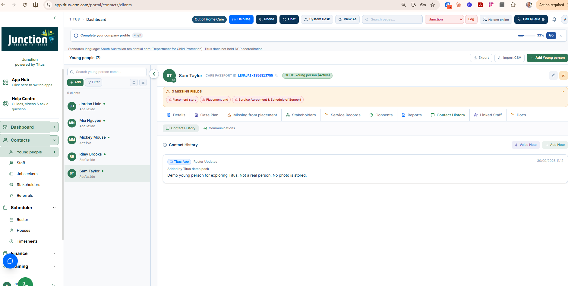 Titus — young person profile and contact history on Junction